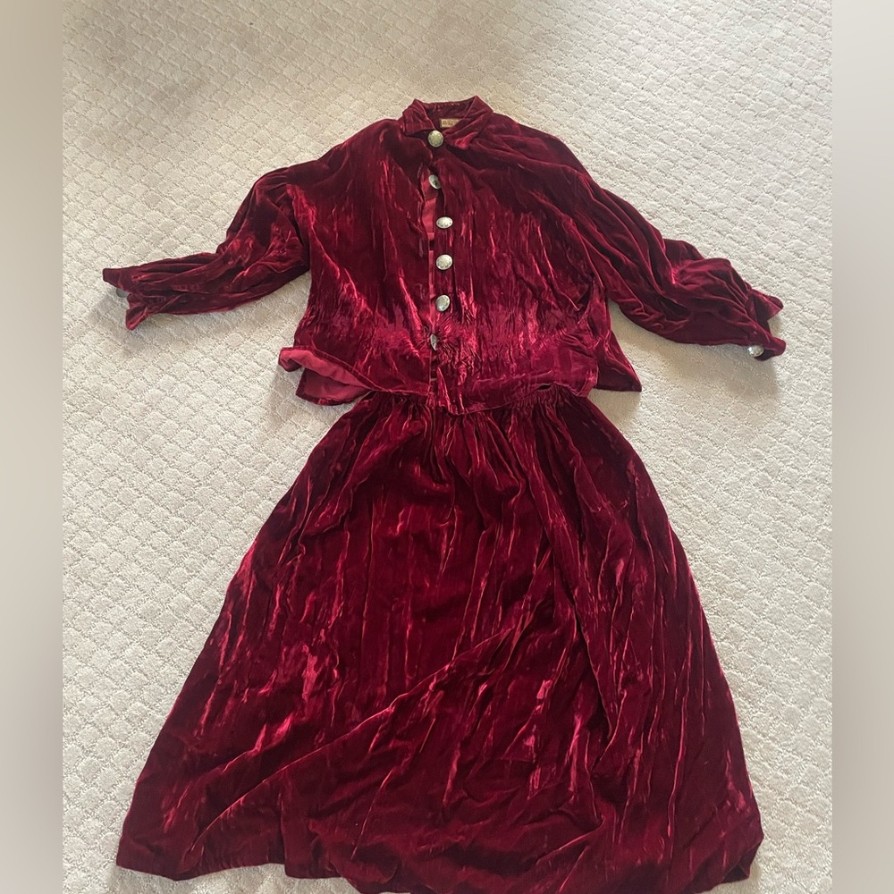Vintage Double D Ranchwear Red Velvet Blouse and Skirt, Size Large